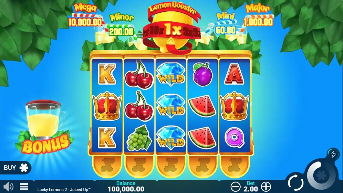 Tampilan visual slot Lucky Lemons 2 Juiced Up dengan simbol buah yang cerah