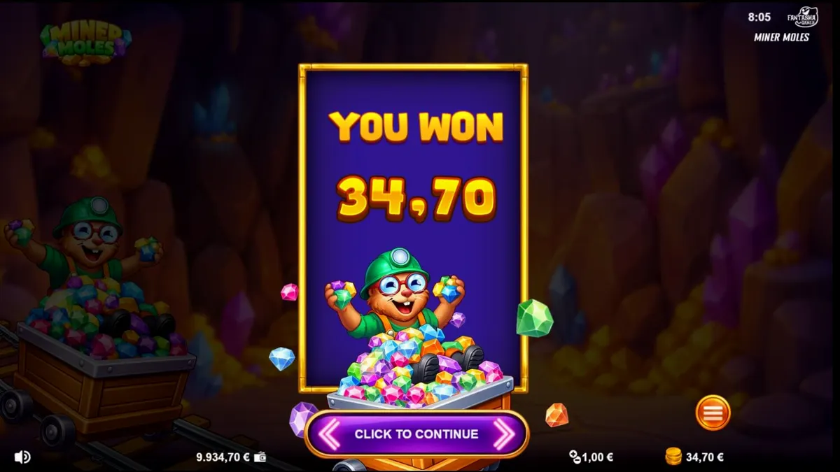 Tampilan visual slot Miner Moles dengan tema tambang dan karakter tikus tanah yang lucu