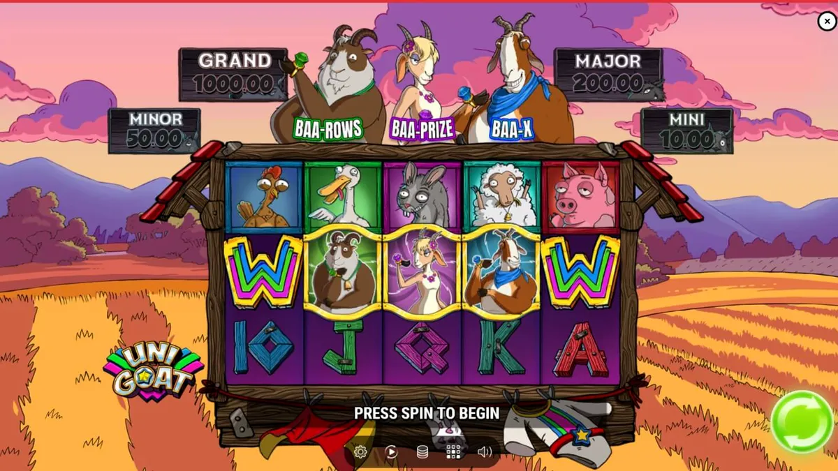 Tampilan visual slot Unigoat dengan karakter kambing ajaib dan latar belakang peternakan fantasi.